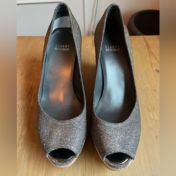 Stuart Weitzman Anna Corkswoon Glitter Wedge Heel Peep Toe Pumps - Picture 2 of 8